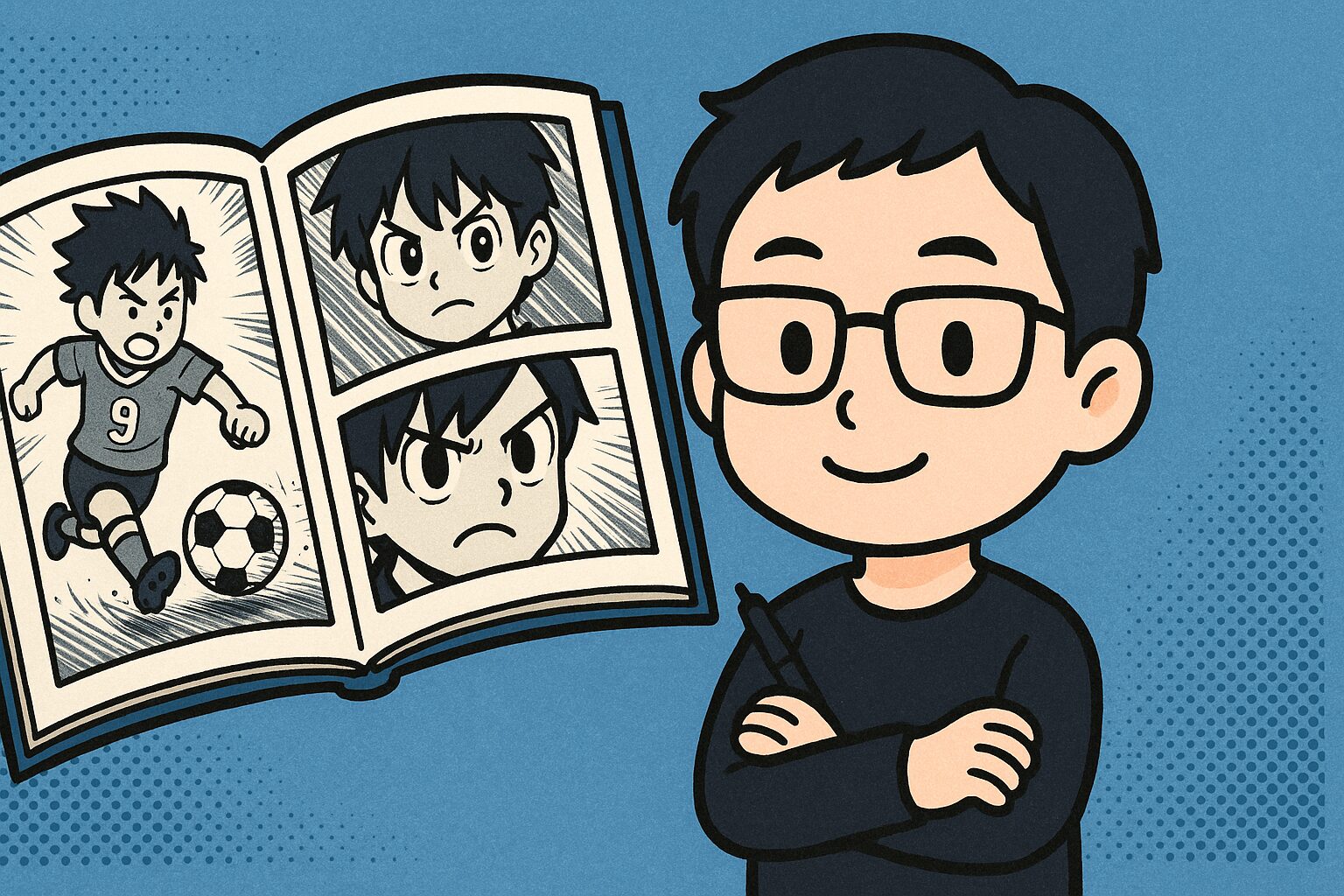 漫画を描く日本人男性と、サッカー漫画のキャラクターが描かれた見開きの本のイラスト。