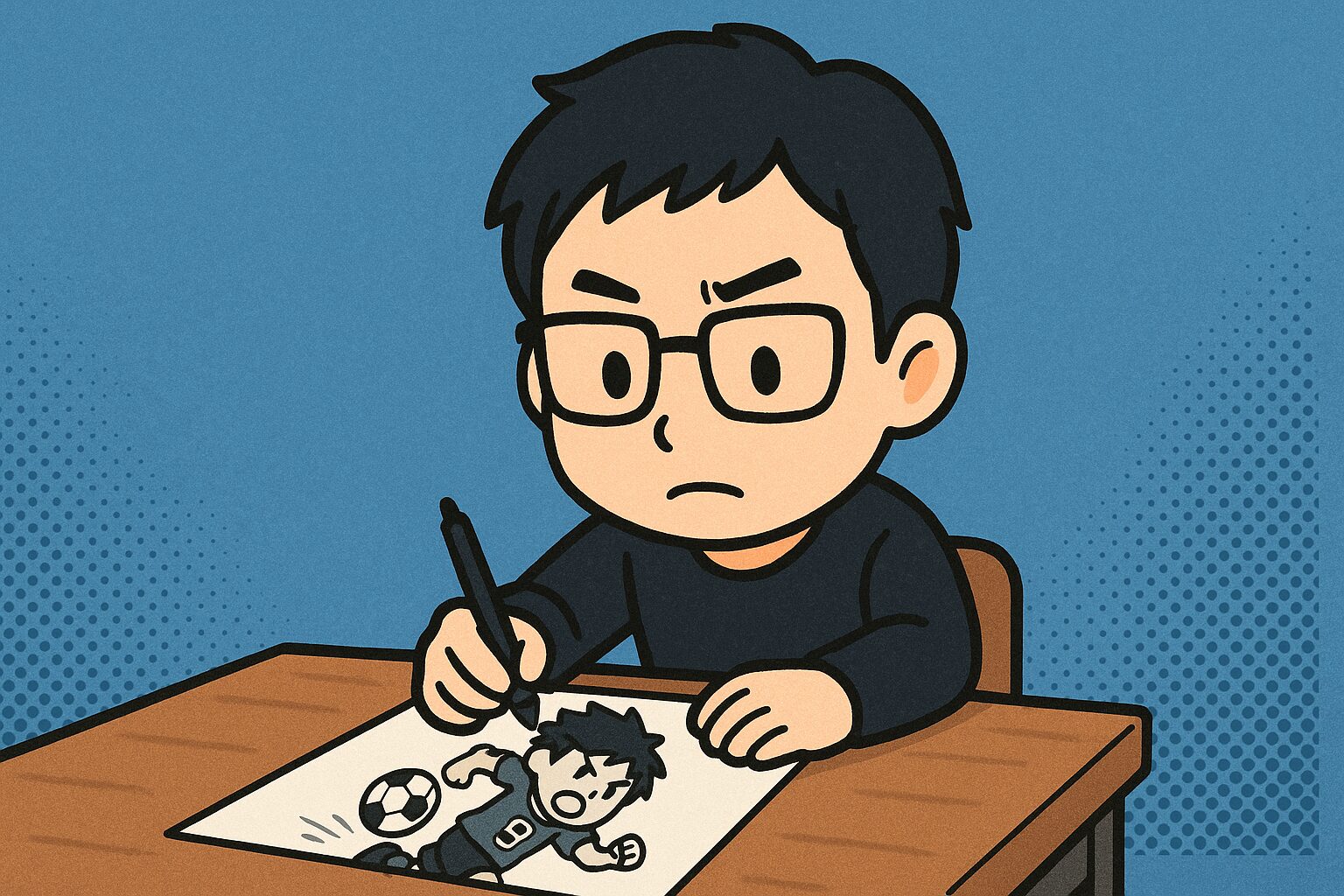 漫画家の日本人高校生が机に向かい、サッカー漫画のキャラクターを真剣に描いている様子のイラスト。