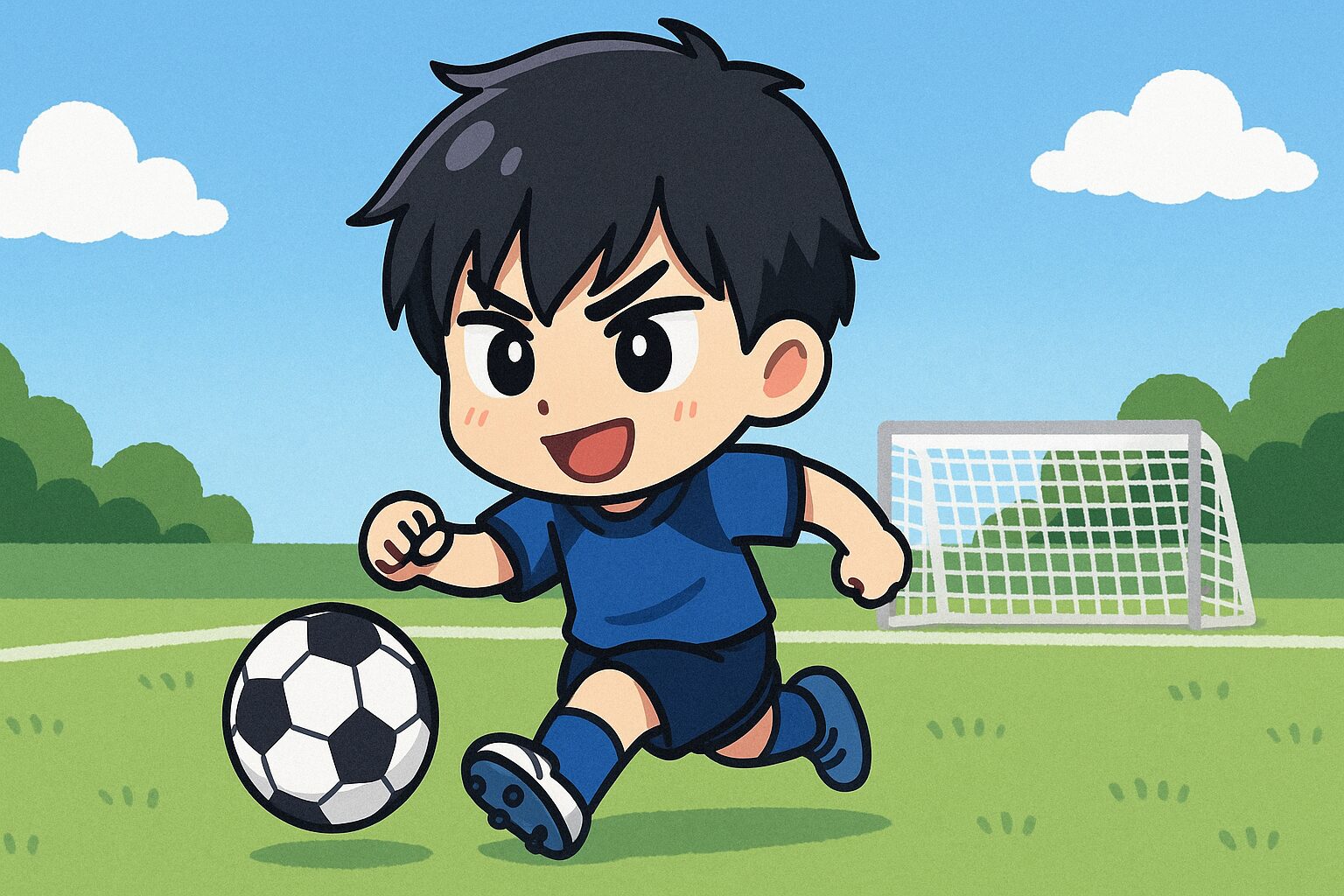 サッカーゴール前でドリブルする黒髪の日本人少年が決意に満ちた表情を浮かべているシーン