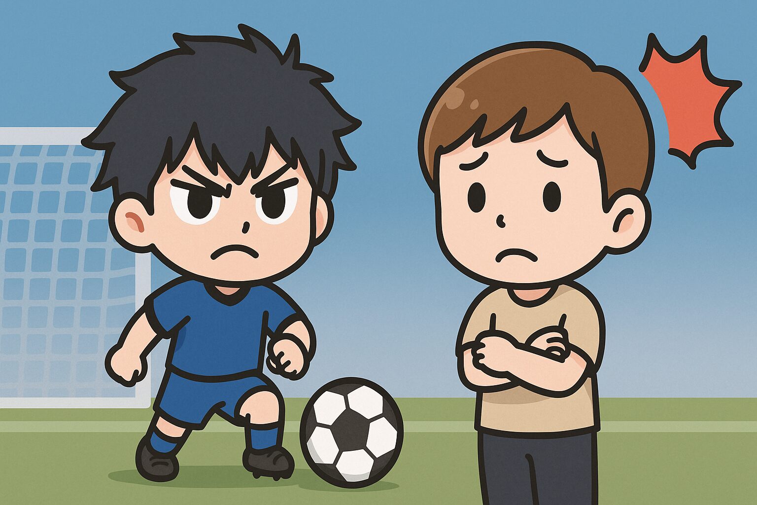 サッカー場で個性をぶつけ合う高校生キャラと驚いた表情の観客の日本人少年のイラスト