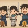 戦国アニメ風の日本人キャラが並び、主人公部隊の強さランキングが視覚で表現されたシーン