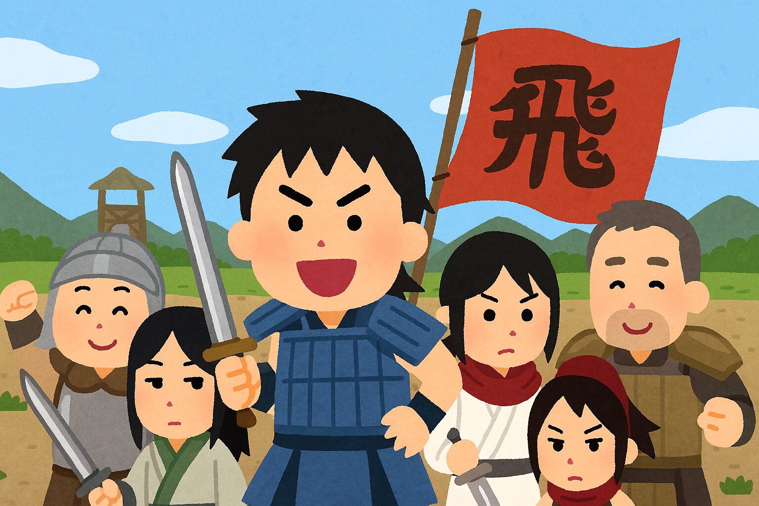 戦国時代の日本人の主人公部隊が旗を掲げて戦地に立つシーンのイラスト
