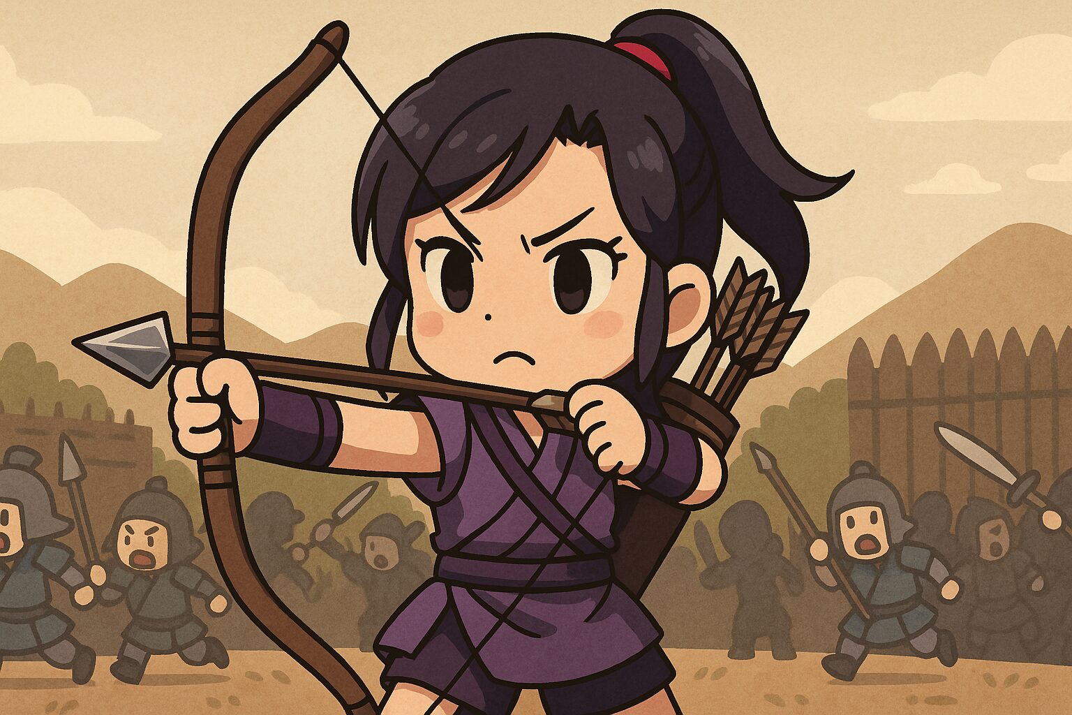 戦場で弓を構える日本人の女性キャラが敵兵と対峙しているシーンのイラスト