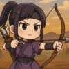 女性キャラが戦場で弓を引く姿を描いたアニメ風イラスト