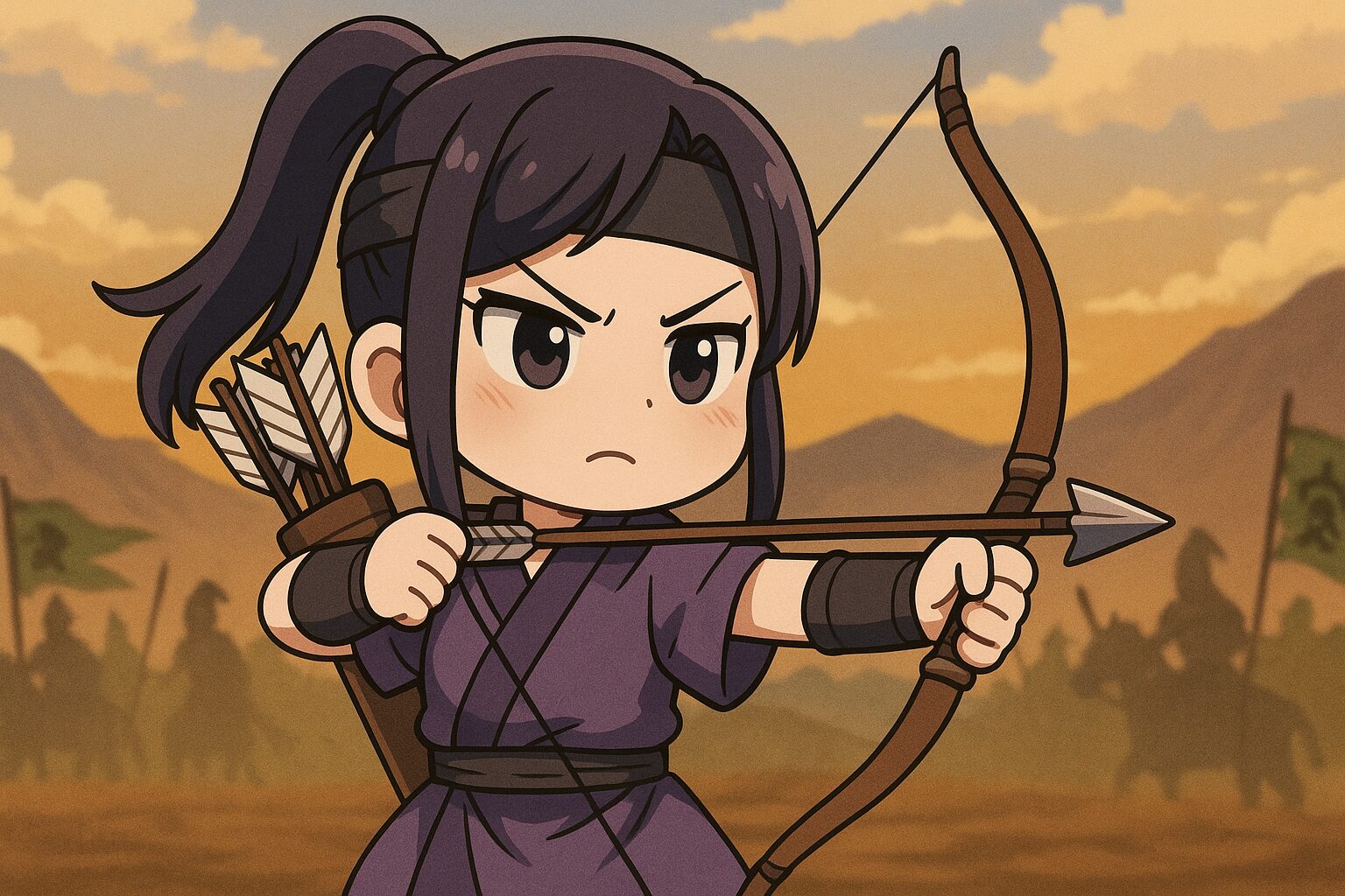 女性キャラが戦場で弓を引く姿を描いたアニメ風イラスト