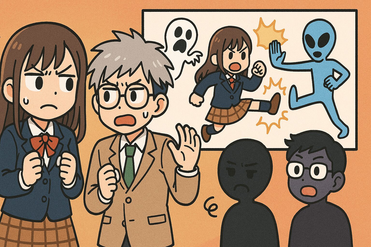 女子高生と男子高校生が幽霊と宇宙人に挑む姿を見た人々がパクリと議論する場面