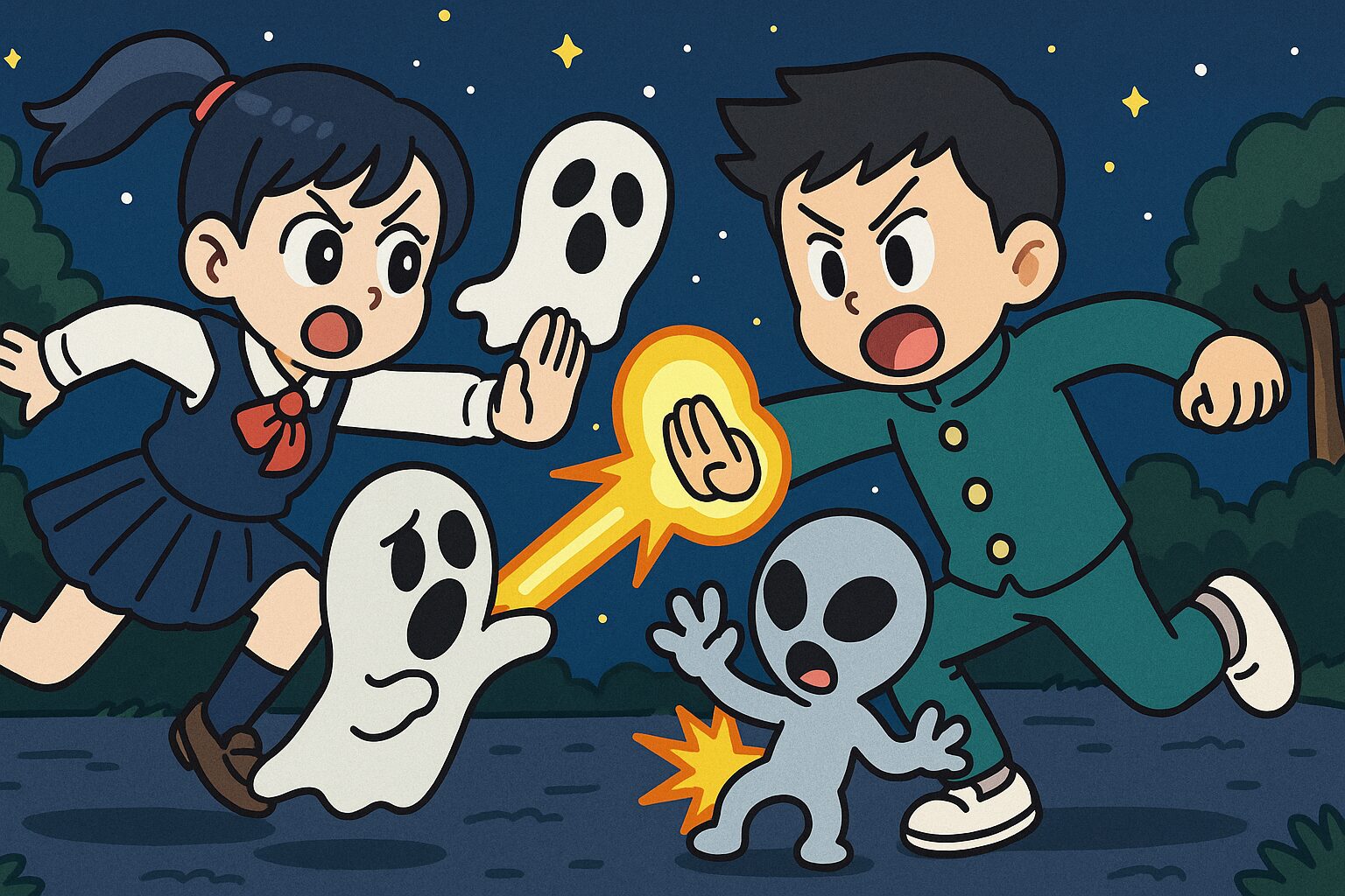 女子高生と男子高校生が幽霊と宇宙人に立ち向かう夜のオカルトバトルシーンのイラスト
