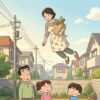 あたしンちの最終回で、買い物袋を持って青空を飛ぶ母と、それを見上げるタチバナ家の驚く様子。日常の風景に超現実的な飛行シーンが描かれた、漫画のクライマックスをイメージしたイラスト。