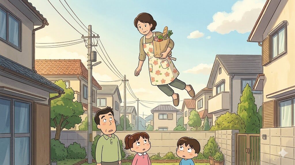 あたしンちの最終回で、買い物袋を持って青空を飛ぶ母と、それを見上げるタチバナ家の驚く様子。日常の風景に超現実的な飛行シーンが描かれた、漫画のクライマックスをイメージしたイラスト。